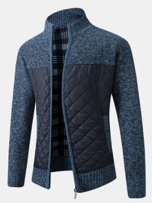 friendss מוכר בגדים ומכשירים אלקטרוניים Mens Warm Patchwork Long Sleeve Zipper Knitting Thick Jacket With Pocket